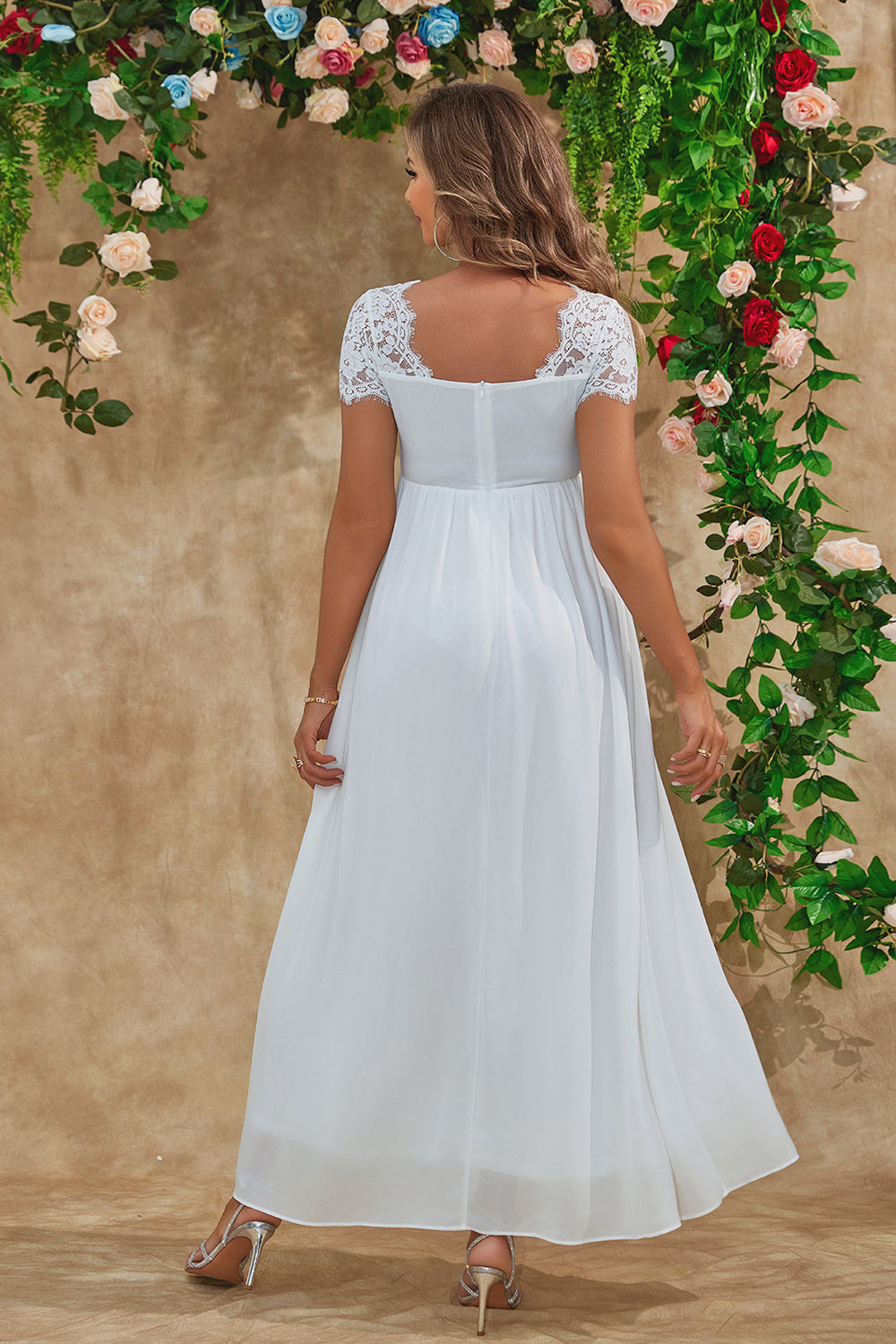 A Line White Long Maternity Bridesmaid Dress With Short Sleeves