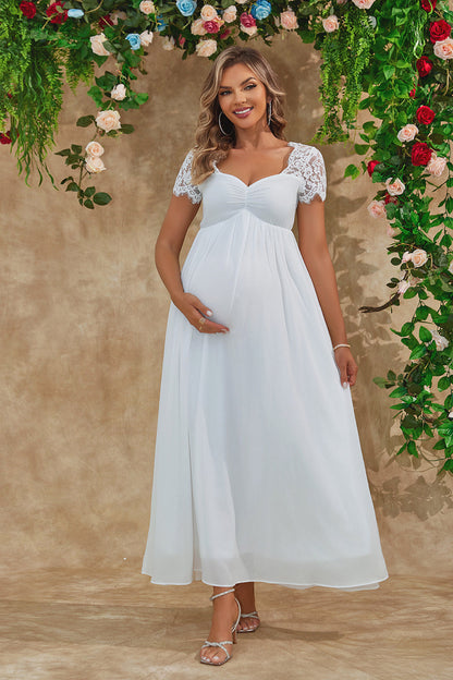 A Line White Long Maternity Bridesmaid Dress With Short Sleeves