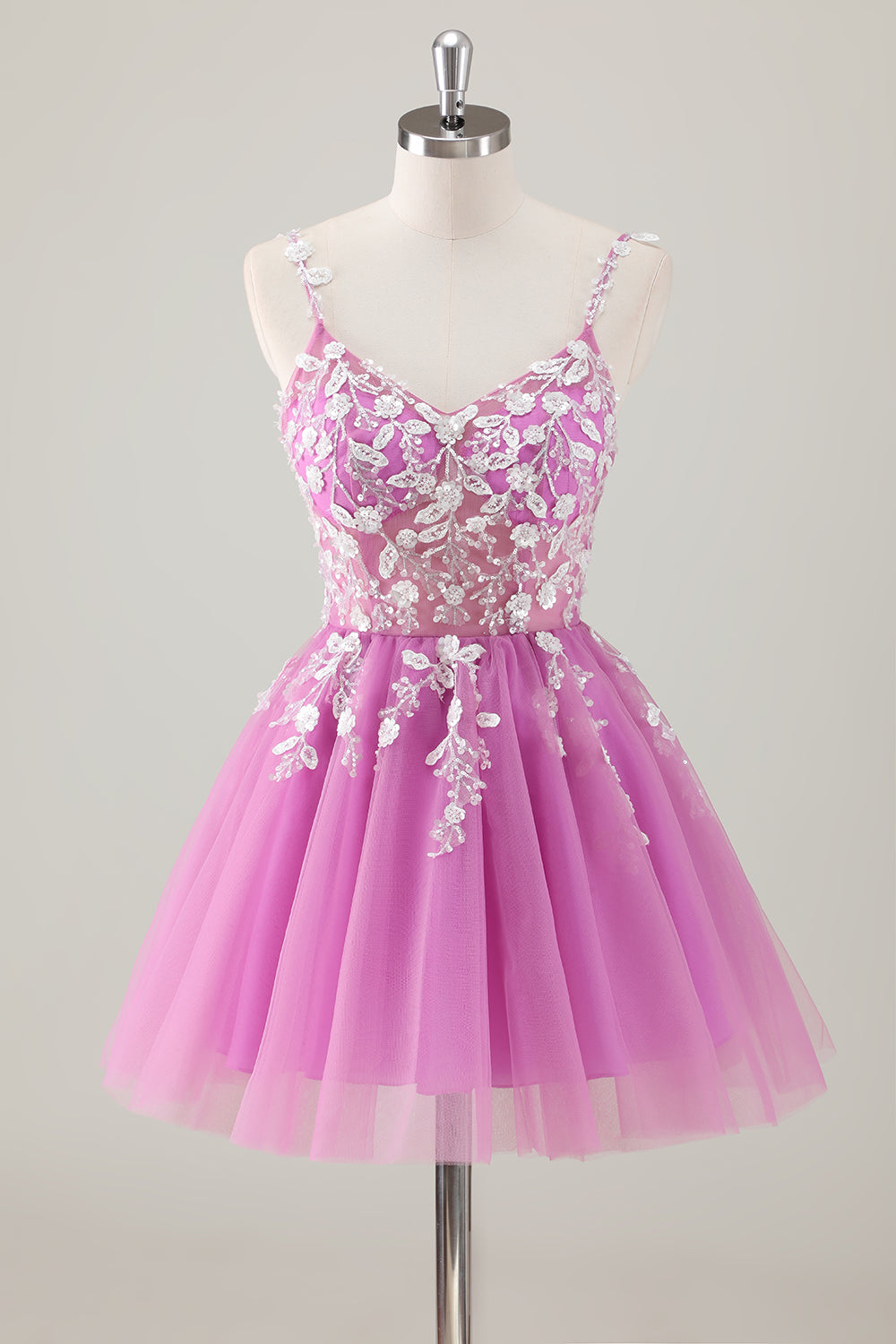 A Line Blush Spaghetti Straps Tulle Corset Sequins Homecoming Dress with Appliques