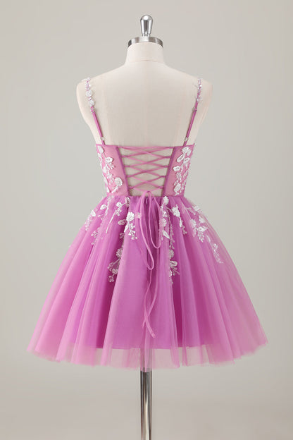 A Line Blush Spaghetti Straps Tulle Corset Sequins Homecoming Dress with Appliques