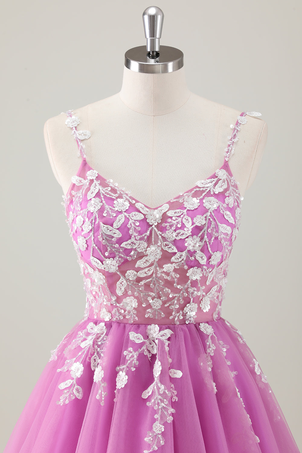 A Line Blush Spaghetti Straps Tulle Corset Sequins Homecoming Dress with Appliques