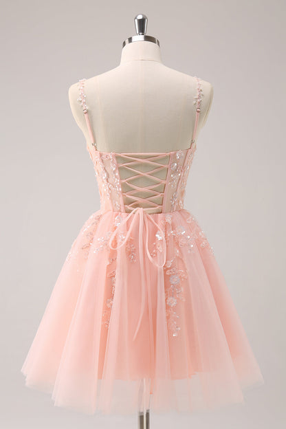 A Line Blush Spaghetti Straps Tulle Corset Sequins Homecoming Dress with Appliques