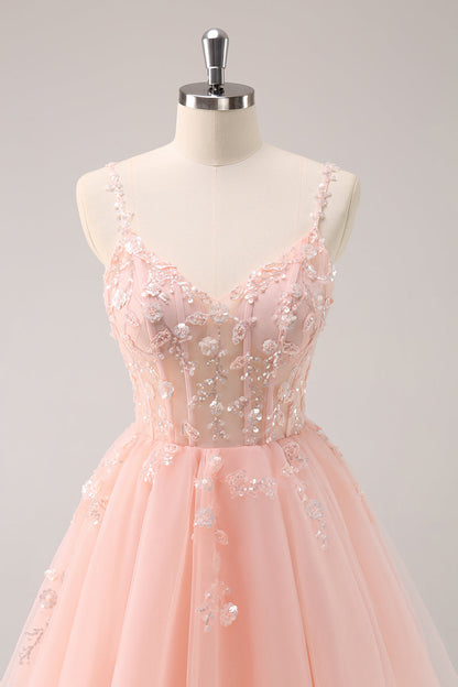 A Line Blush Spaghetti Straps Tulle Corset Sequins Homecoming Dress with Appliques