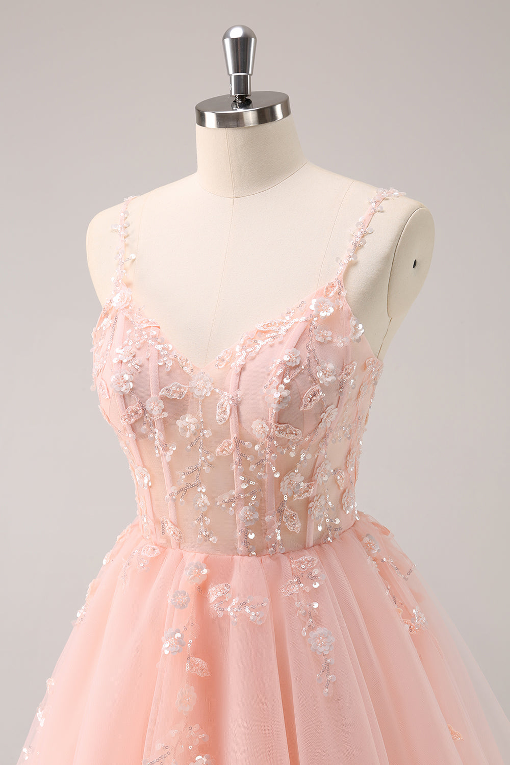 A Line Blush Spaghetti Straps Tulle Corset Sequins Homecoming Dress with Appliques