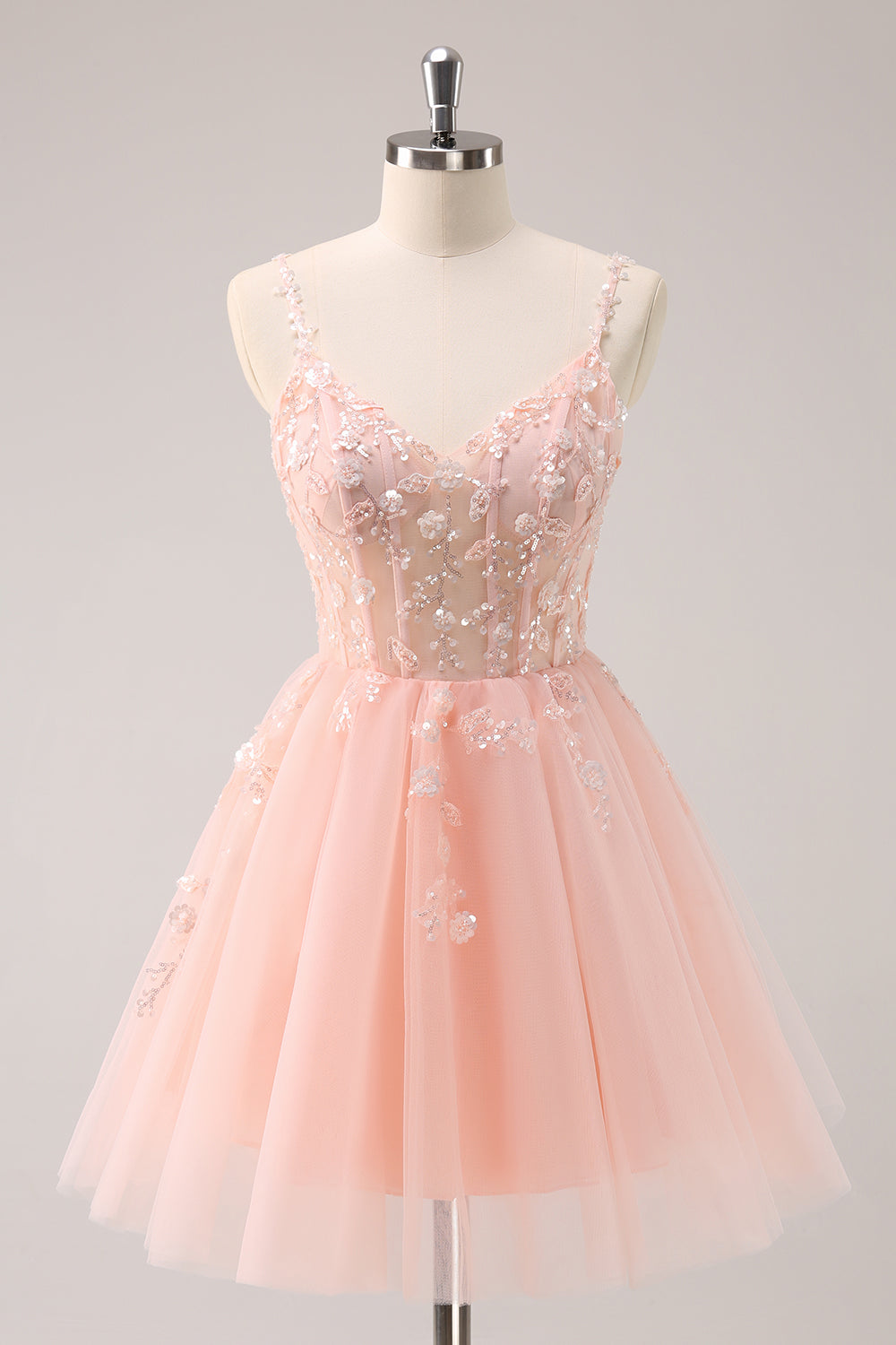 A Line Blush Spaghetti Straps Tulle Corset Sequins Homecoming Dress with Appliques