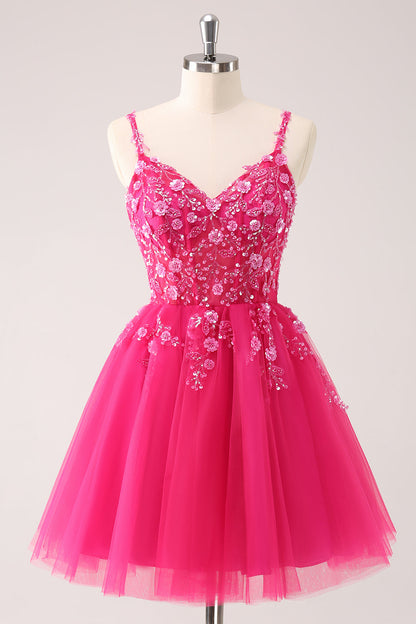 A Line Blush Spaghetti Straps Tulle Corset Sequins Homecoming Dress with Appliques