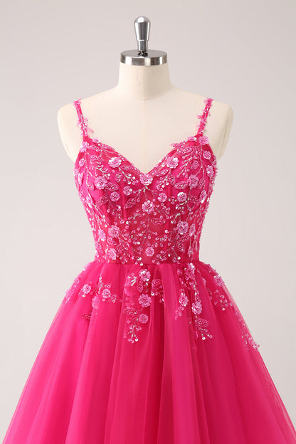 A Line Blush Spaghetti Straps Tulle Corset Sequins Homecoming Dress with Appliques