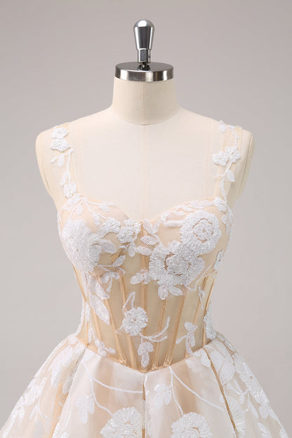 Sparkly White A-Line Floral Corset Short Homecoming Dress