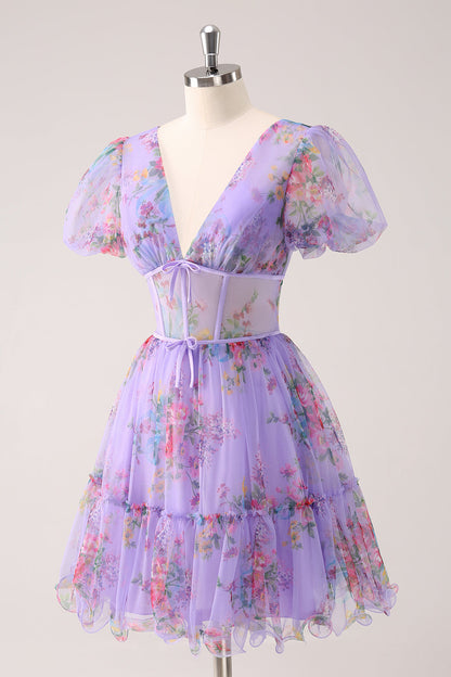 Purple A-Line V Neck Corset Short Floral Homecoming Dress with Lace Up Back