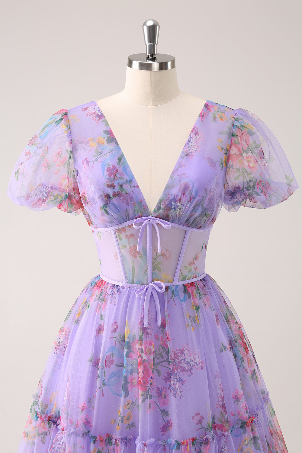 Purple A-Line V Neck Corset Short Floral Homecoming Dress with Lace Up Back