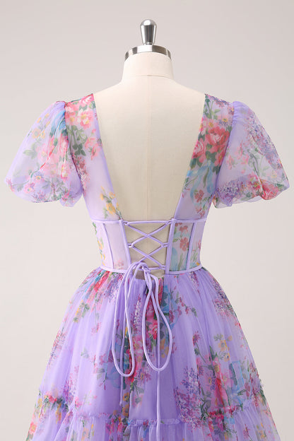 Purple A-Line V Neck Corset Short Floral Homecoming Dress with Lace Up Back