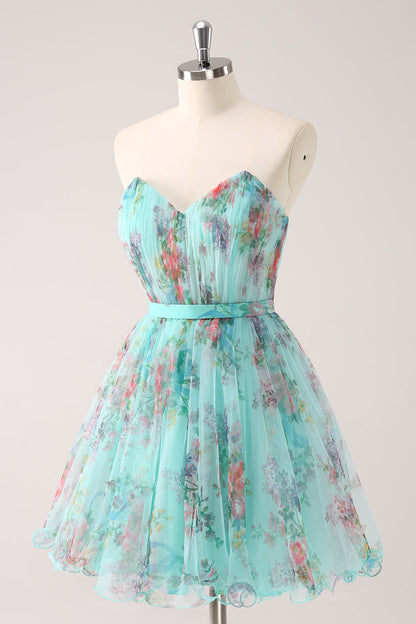 Fluffy Strapless Green Floral Short Homecoming Dress