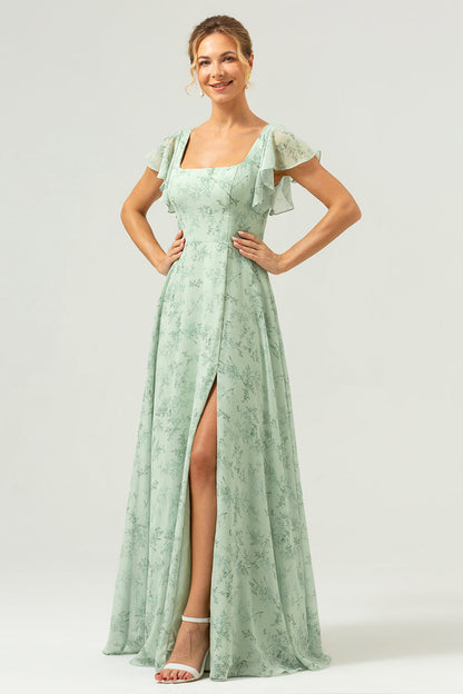 Dusty Sage Square Neck Printed Flower Long Bridesmaid Dress with Slit