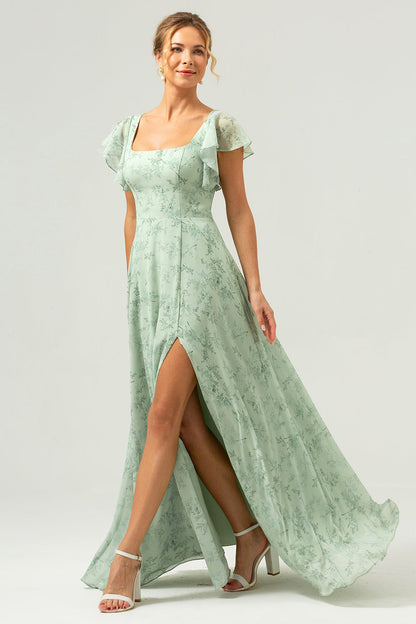 Dusty Sage Square Neck Printed Flower Long Bridesmaid Dress with Slit