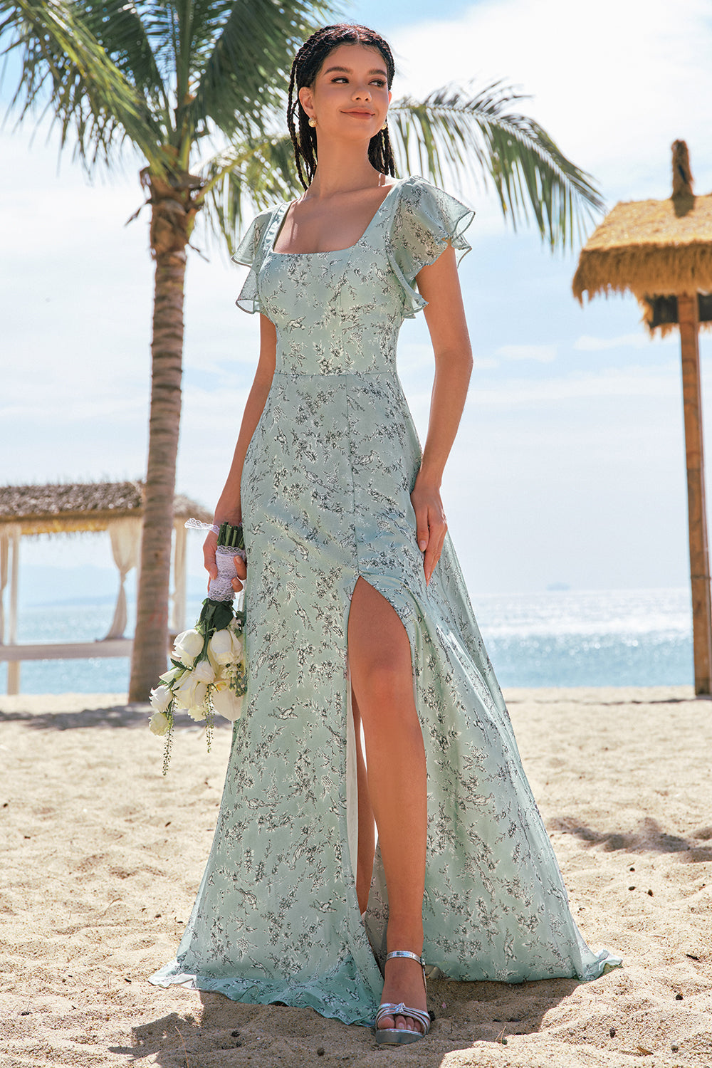 Dusty Sage A Line Printed Floral Long Bridesmaid Dress with Slit