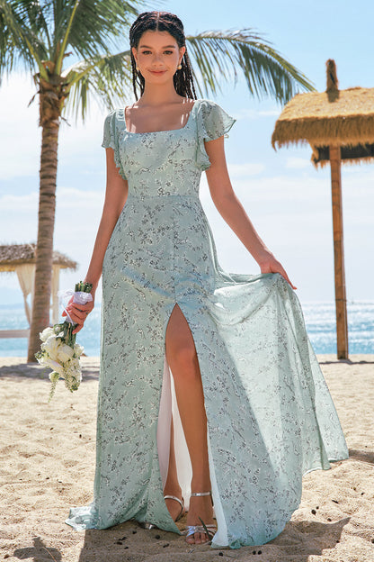 Dusty Sage A Line Printed Floral Long Bridesmaid Dress with Slit