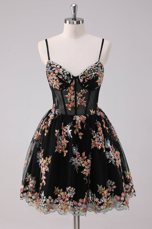 Sparkly Black A-Line Floral Short Homecoming Dress