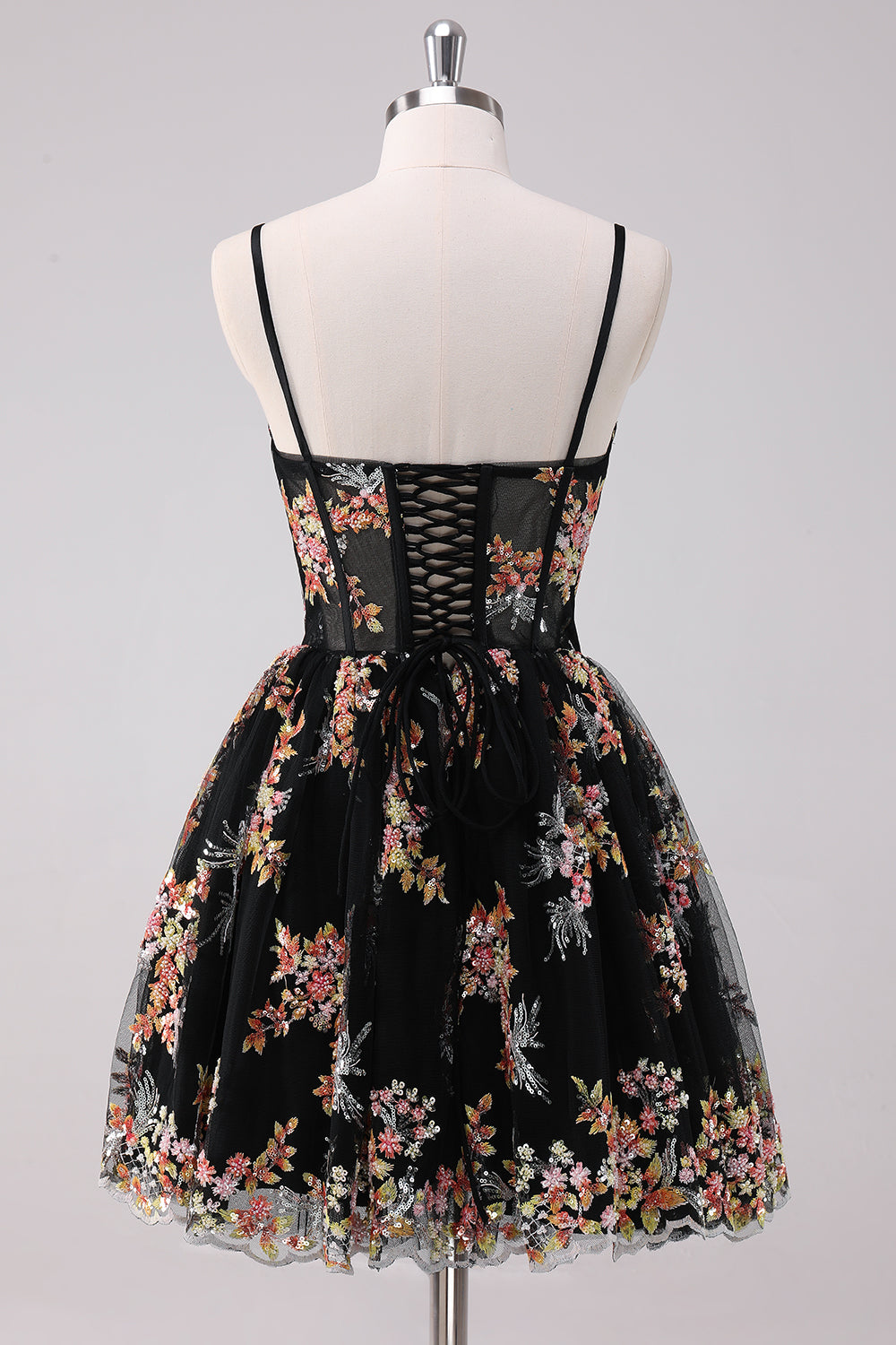 Sparkly Black A-Line Floral Short Homecoming Dress