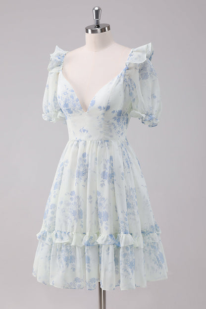 Light Blue Floral Short Homecoming Dress with Short Sleeves