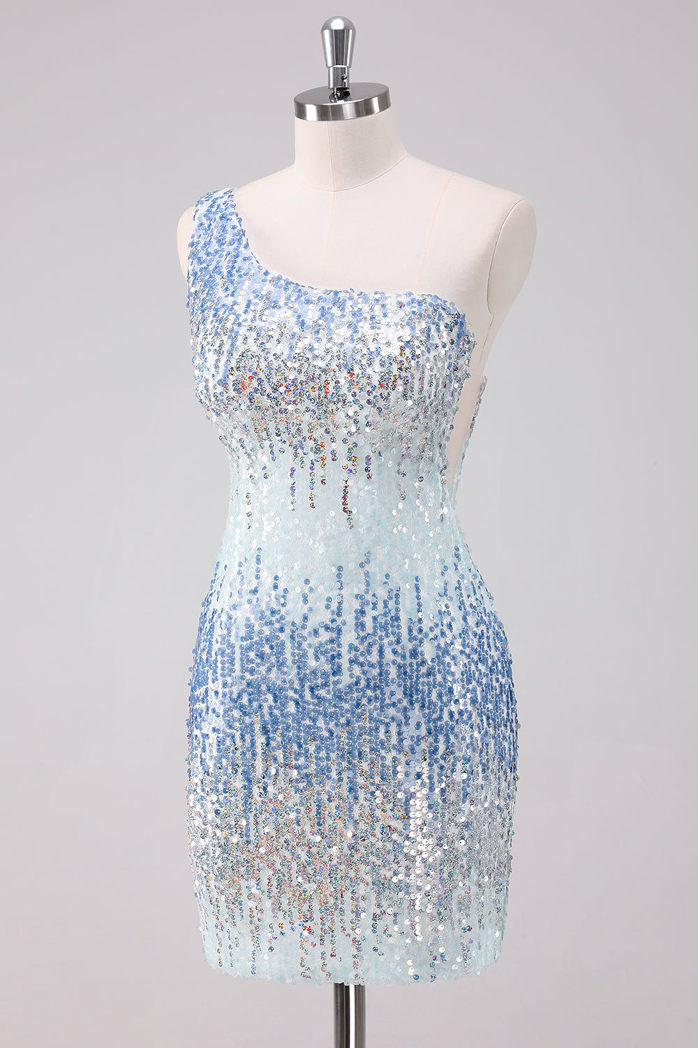 Sparkly Light Blue One Shoulder Sequins Bodycon Short Homecoming Dress