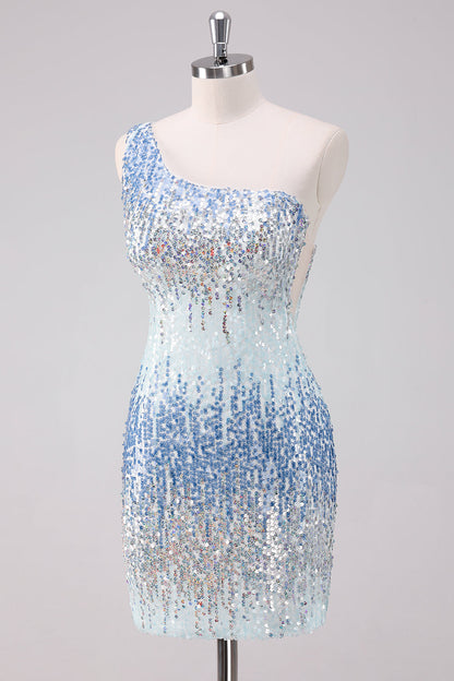 Sparkly Light Blue One Shoulder Sequins Bodycon Short Homecoming Dress