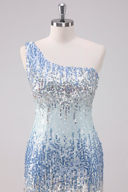 Sparkly Light Blue One Shoulder Sequins Bodycon Short Homecoming Dress