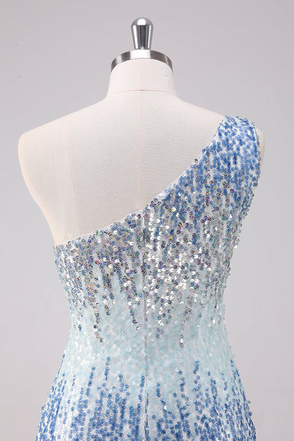 Sparkly Light Blue One Shoulder Sequins Bodycon Short Homecoming Dress