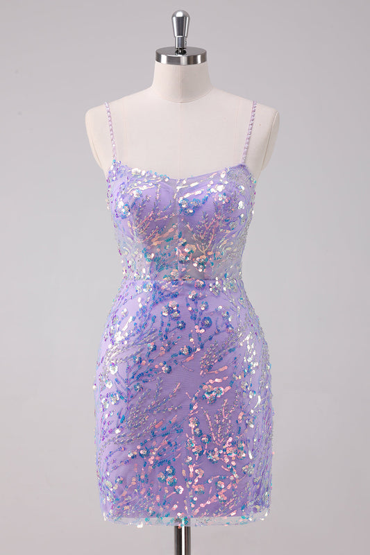 Sparkly Purple Bodycon Spaghetti Straps Sequins Short Homecoming Dress