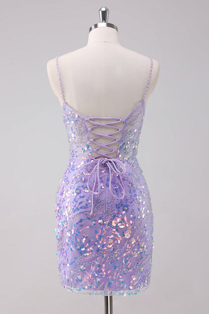 Sparkly Purple Bodycon Spaghetti Straps Sequins Short Homecoming Dress