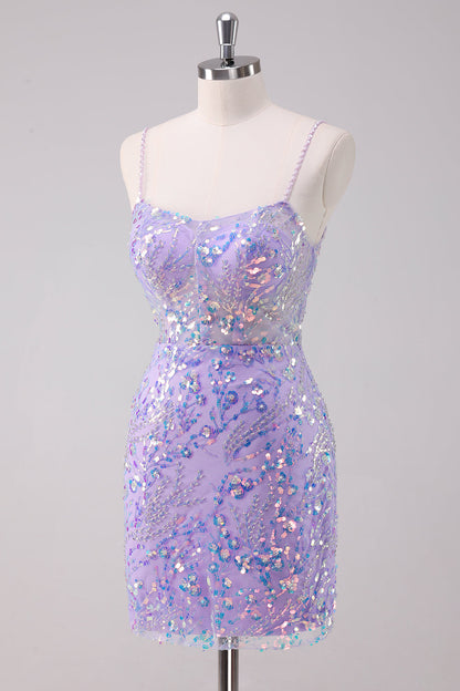 Sparkly Purple Bodycon Spaghetti Straps Sequins Short Homecoming Dress