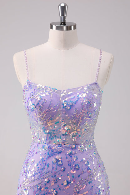 Sparkly Purple Bodycon Spaghetti Straps Sequins Short Homecoming Dress