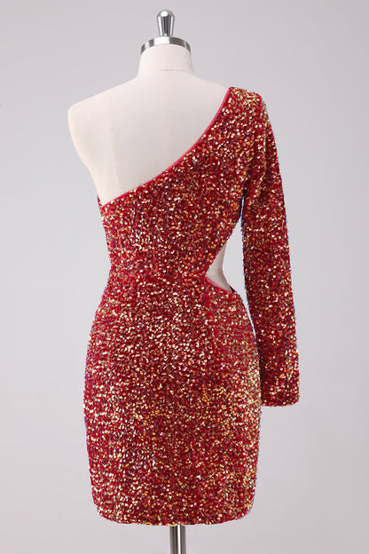 Sparkly Red One Shoulder Tight Short Homecoming Dress with Hollow Out