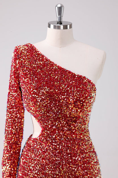 Sparkly Red One Shoulder Tight Short Homecoming Dress with Hollow Out