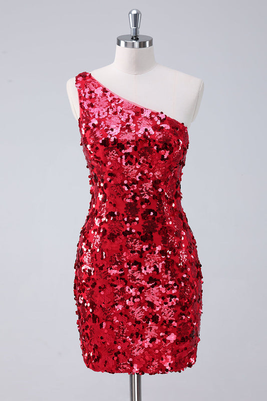 Sparkly Red One Shoulder Tight Short Homecoming Dress with Sequins