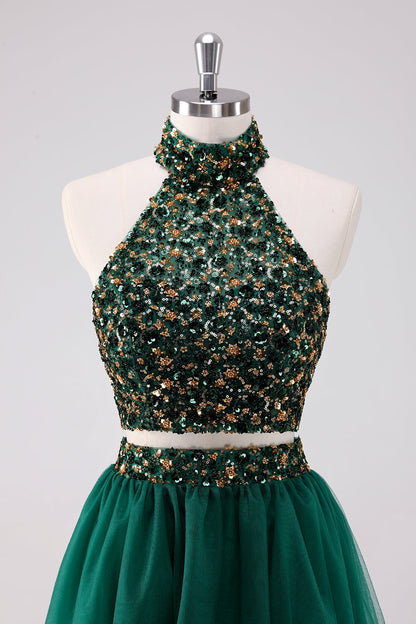 Sparkly A-Line Dark Green Halter Short Homecoming Dress with Sequins