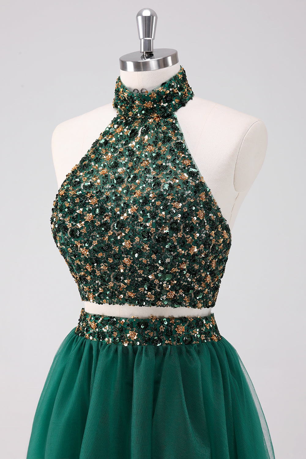 Sparkly A-Line Dark Green Halter Short Homecoming Dress with Sequins