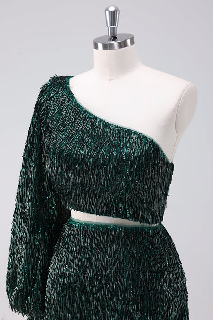 Sparkly Dark Green One Shoulder Tight Short Homecoming Dress with Tassels