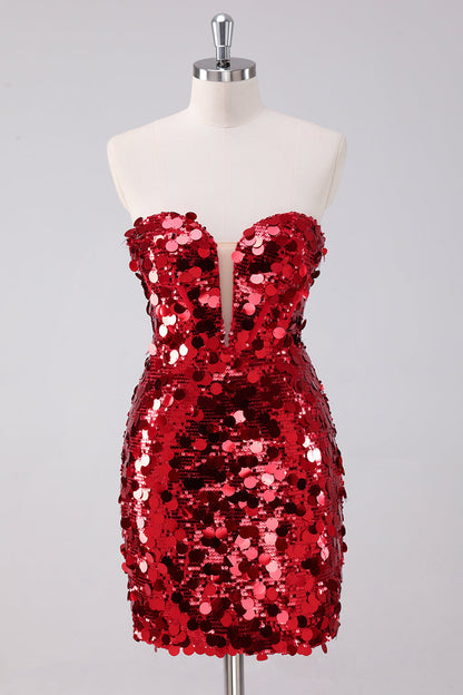 Red Sequins Tight Homecoming Dress With Removable Sleeves