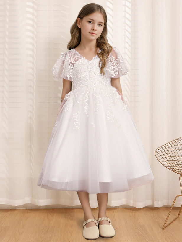 A-Line/Princess V-Neck Short Sleeves Tea-Length Flower Girl Dress with Lace