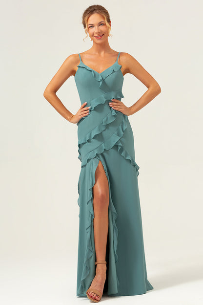 Eucalyptus Sheath Spaghetti Straps Ruffle Long Bridesmaid Dress with Slit