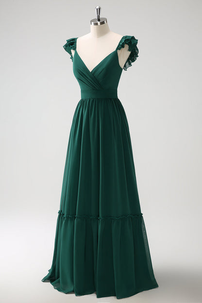 Dark Green A Line V-Neck Chiffon Long Bridesmaid Dress