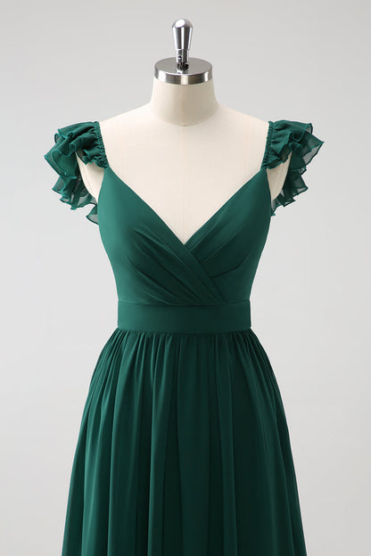 Dark Green A Line V-Neck Chiffon Long Bridesmaid Dress