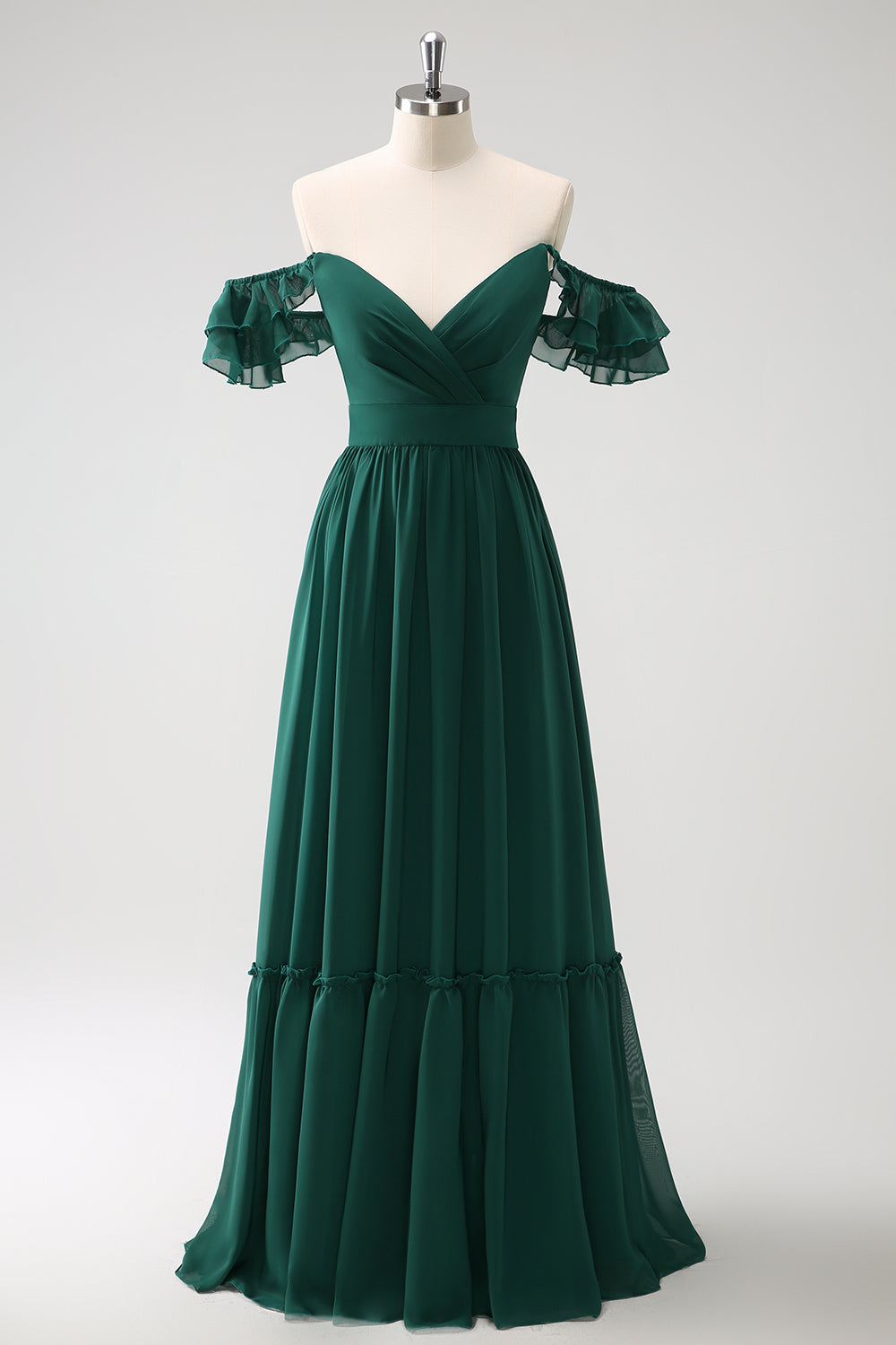 Dark Green A Line V-Neck Chiffon Long Bridesmaid Dress