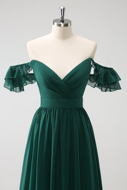 Dark Green A Line V-Neck Chiffon Long Bridesmaid Dress