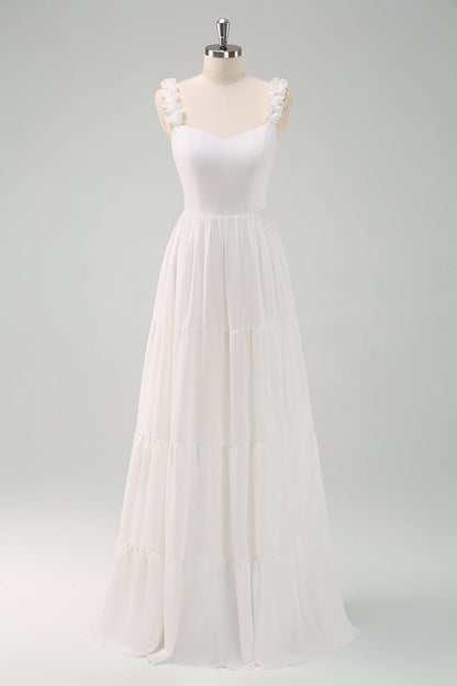 A-Line White Spaghetti Straps Pleated Long Wedding Dress with Bow