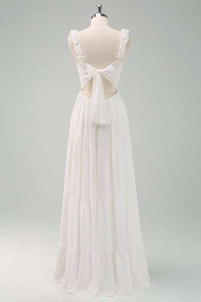 A-Line White Spaghetti Straps Pleated Long Wedding Dress with Bow