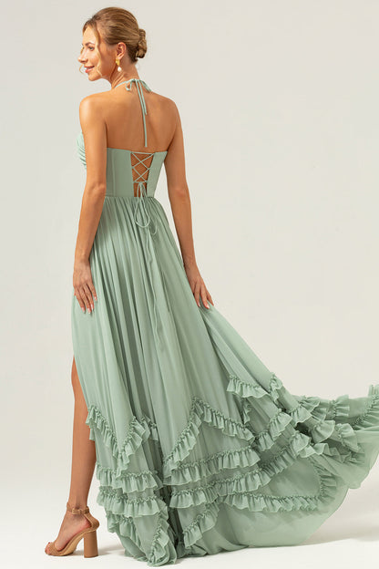 Dusty Sage Halter Corset Ruffled Long Bridesmaid Dress with Slit