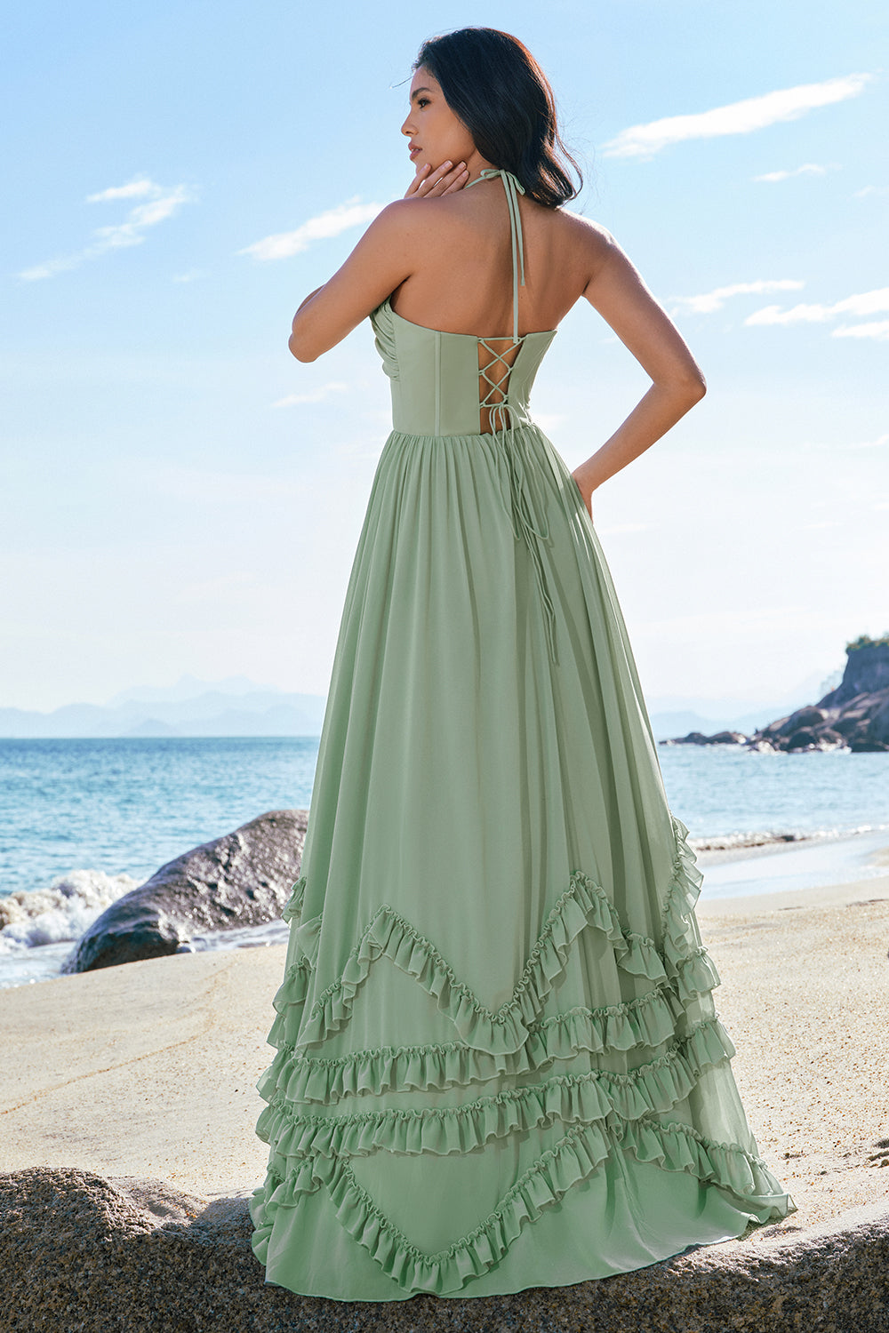 Dusty Sage A-Line Halter Corset Ruffled Long Chiffon Bridesmaid Dress with Slit