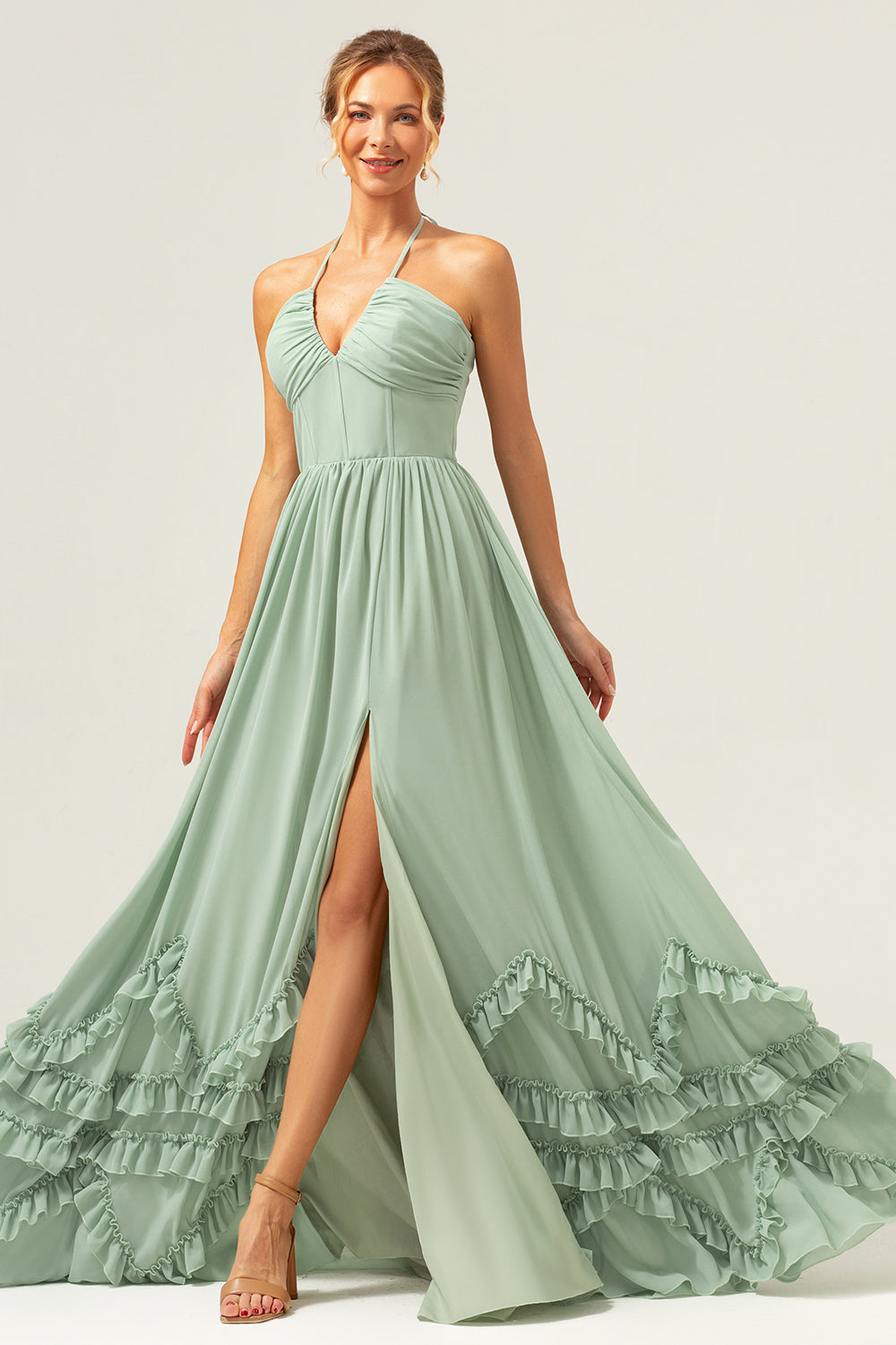 Dusty Sage Halter Corset Ruffled Long Bridesmaid Dress with Slit