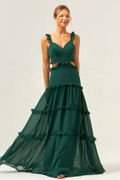 Dark Green A-Line Chiffon Ruffled Long Bridesmaid Dress with Hollow Out